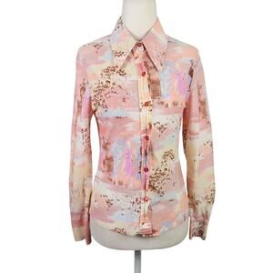 Vintage 70s Bobbie Brooks pastel peach pink novelty print blouse S